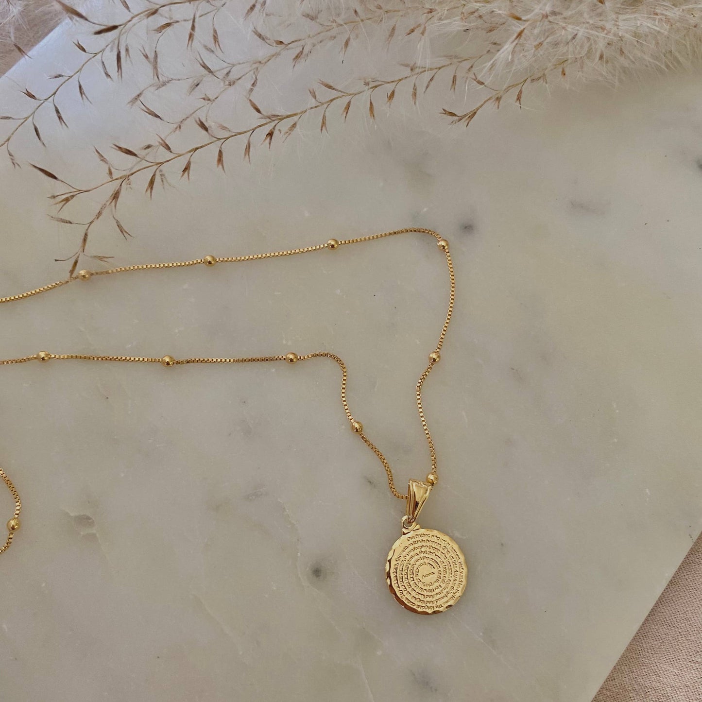 Our Father prayer coin charm necklace 18k GF satellite chain - Pink Peonies
