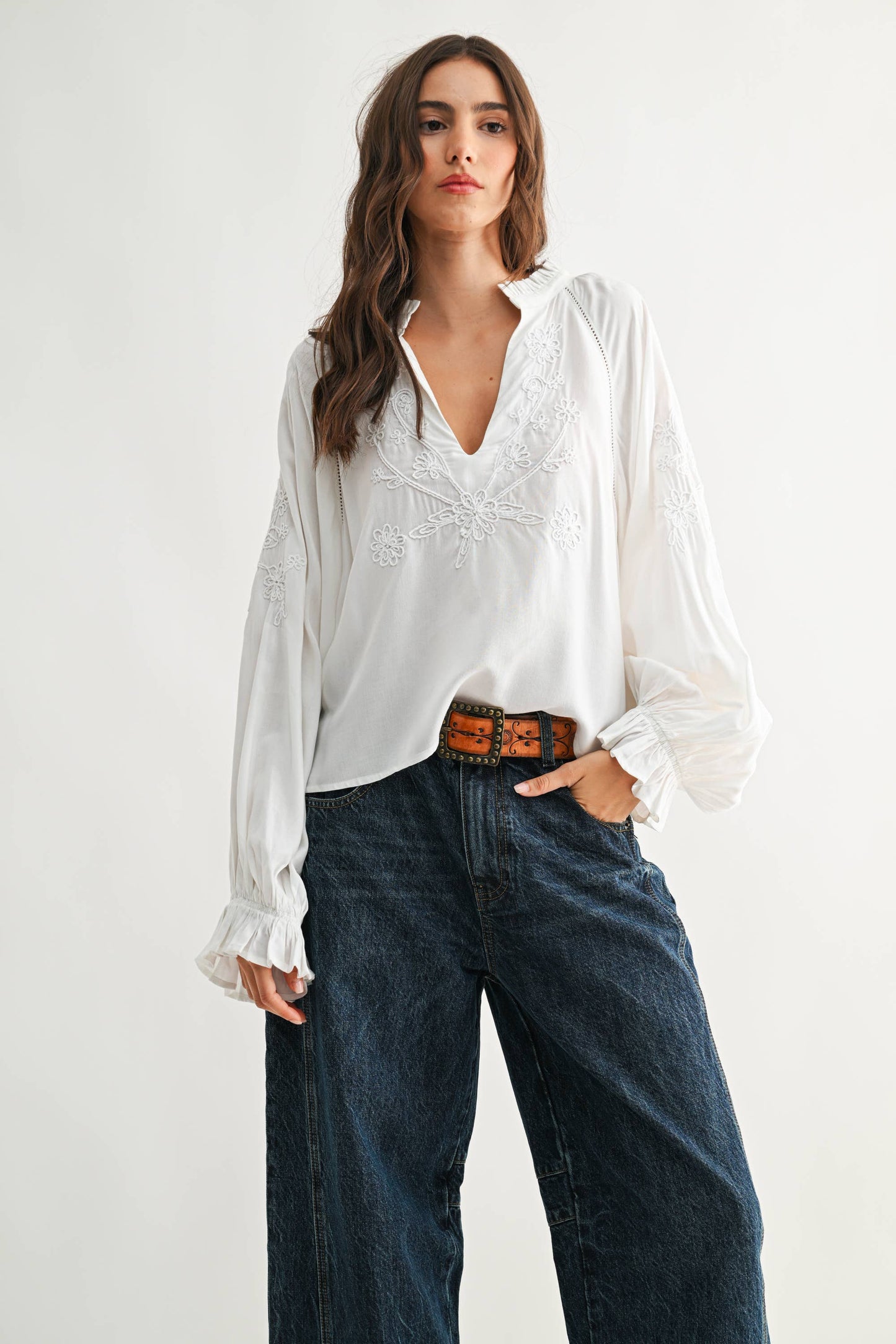 CMT26709 Boho-Chic Embroidered White Peasant Blouse: OFF WHITE / S-M-L (3-2-1) - Pink Peonies