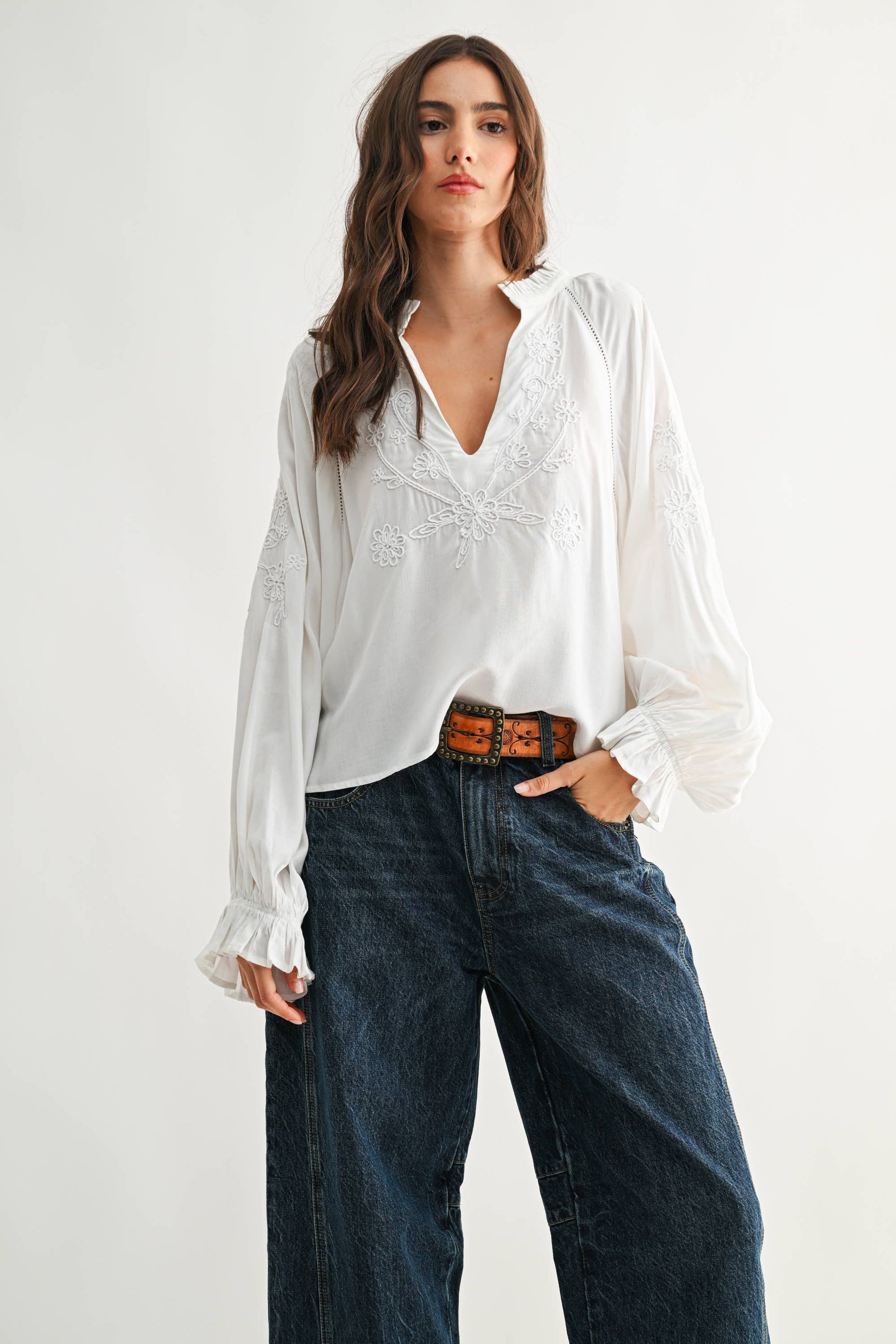 CMT26709 Boho-Chic Embroidered White Peasant Blouse: OFF WHITE / S-M-L (3-2-1) - Pink Peonies