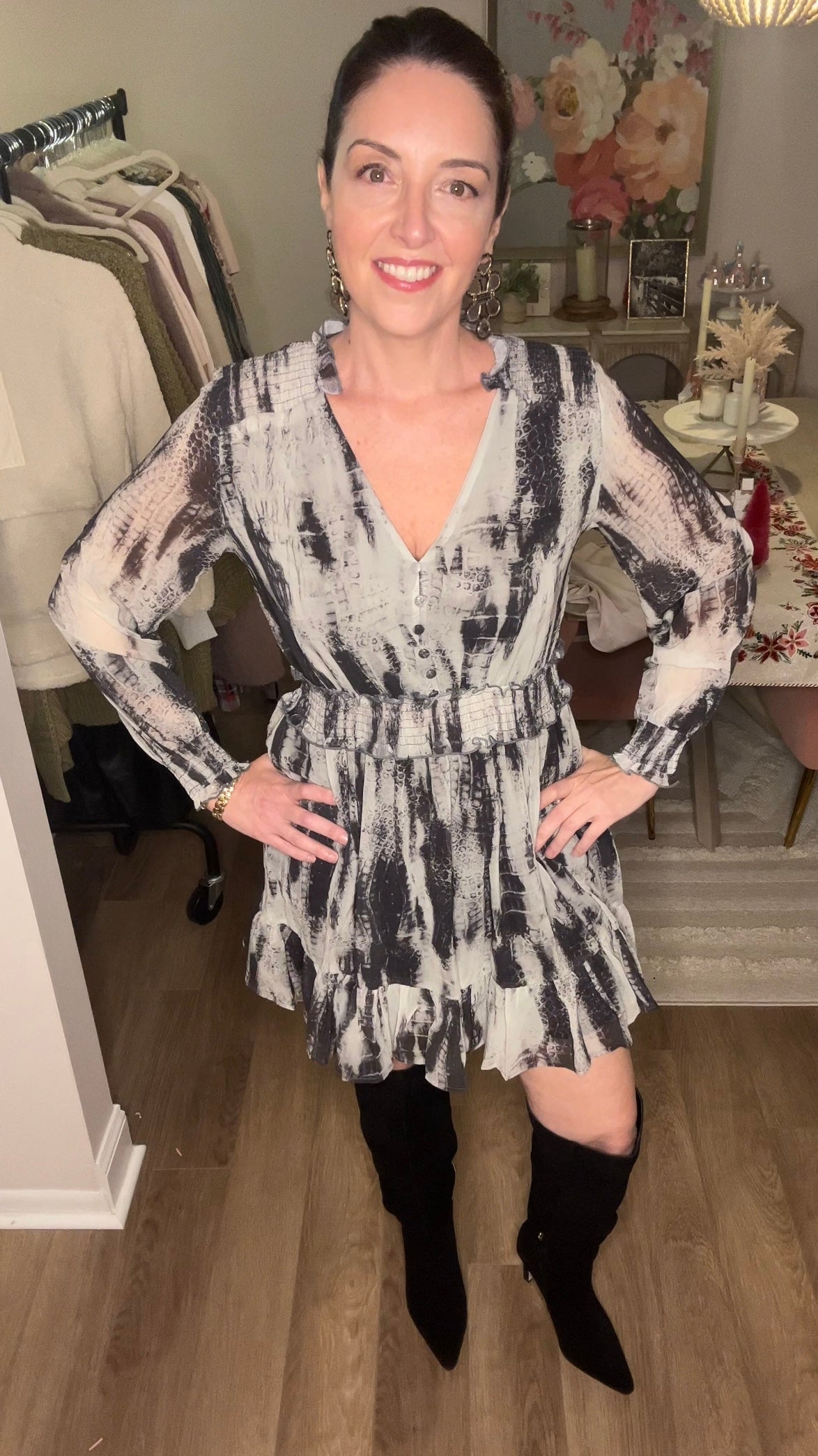 Animal Print Long Sleeve Mini Dress - Pink Peonies