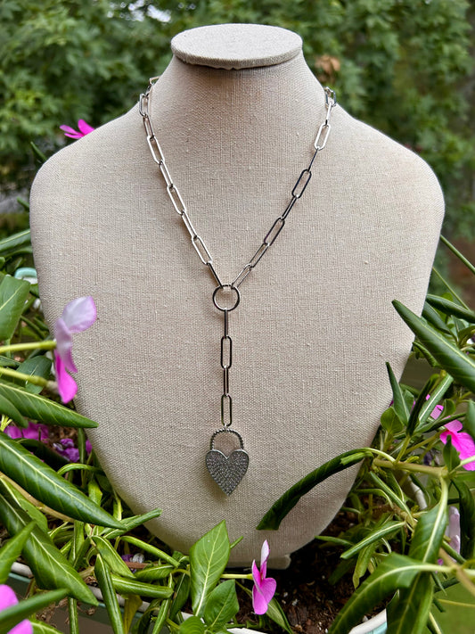 Silver Heart Lock Lariat Necklace - Pink Peonies