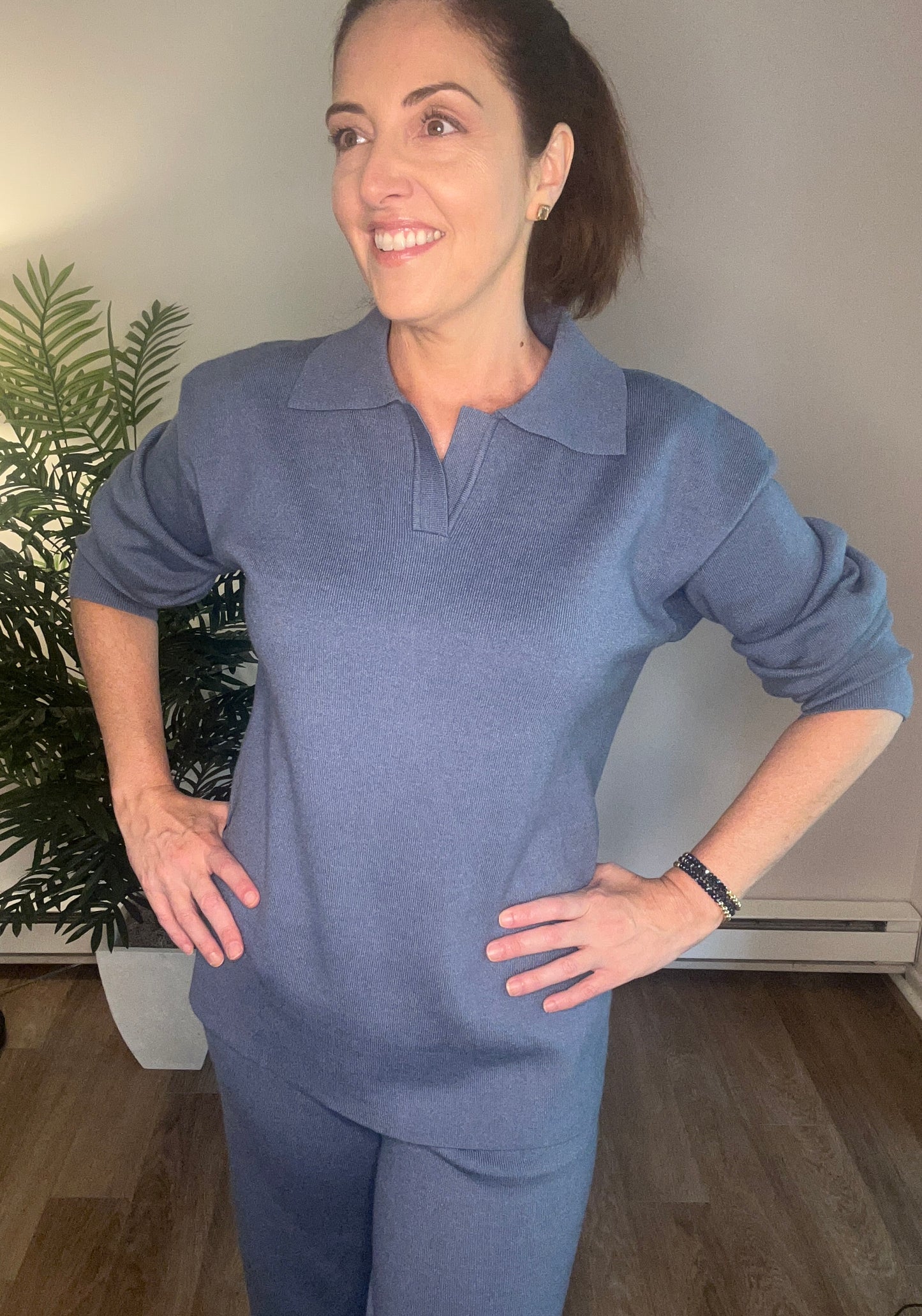 Long Sleeve Top and Pants Sweater Set: Cornflower - Pink Peonies