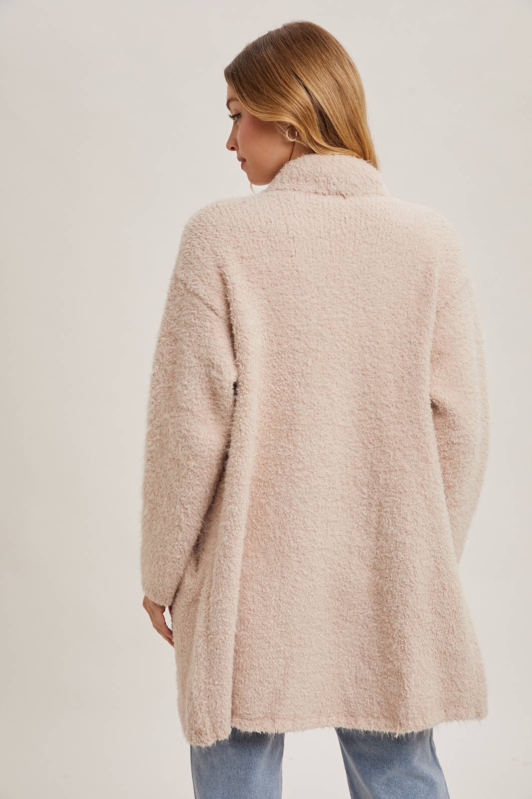 SOFT FUZZY DRAPE FRONT CARDIGAN: MUSHROOM / M/L - Pink Peonies
