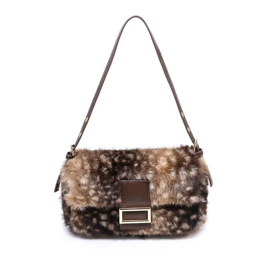 Beverly - Faux Fur Crossbody: Fawn Brown - Pink Peonies