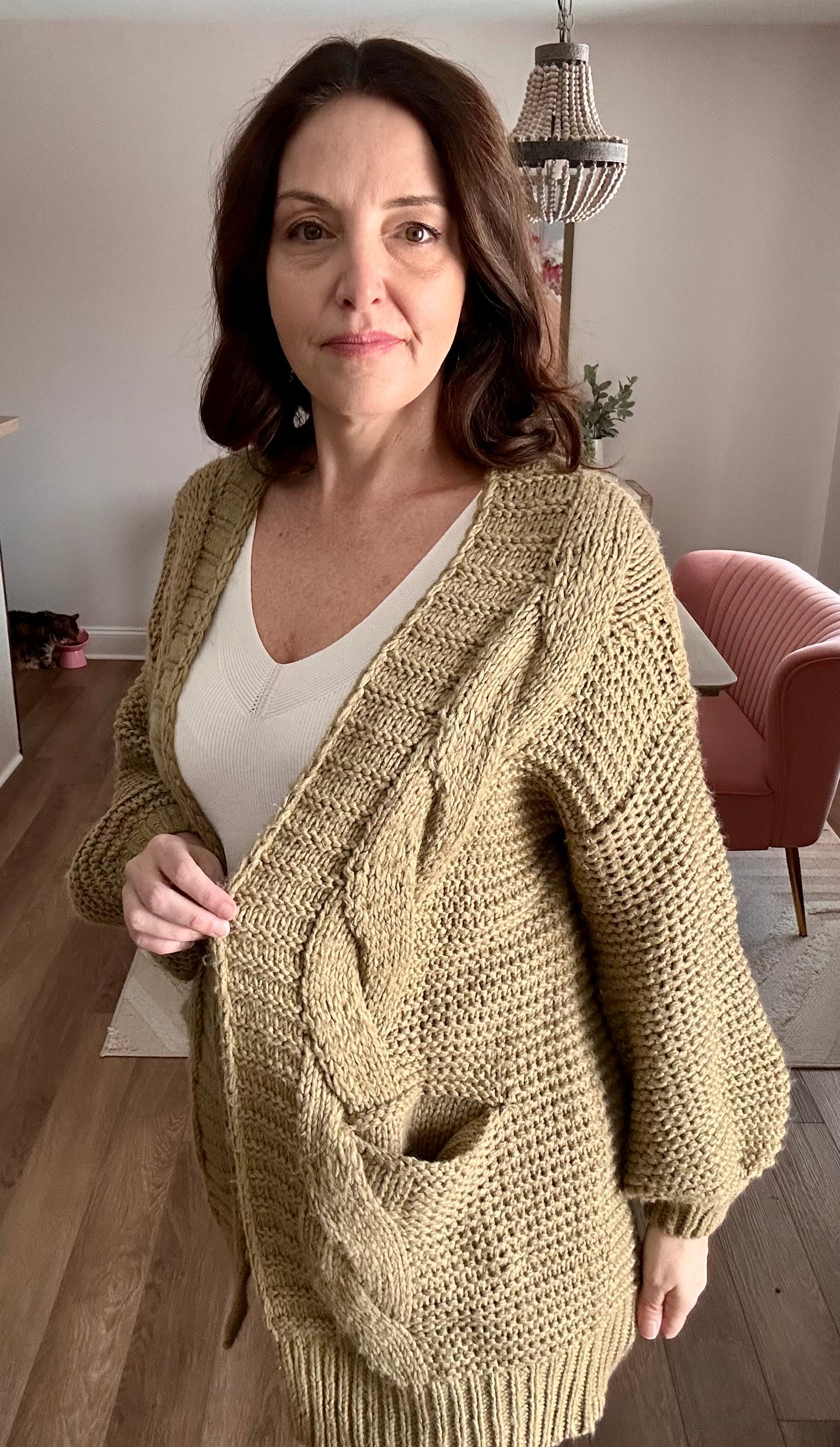 Chunky Cable Sleeve Lantern Cardigan - Pink Peonies