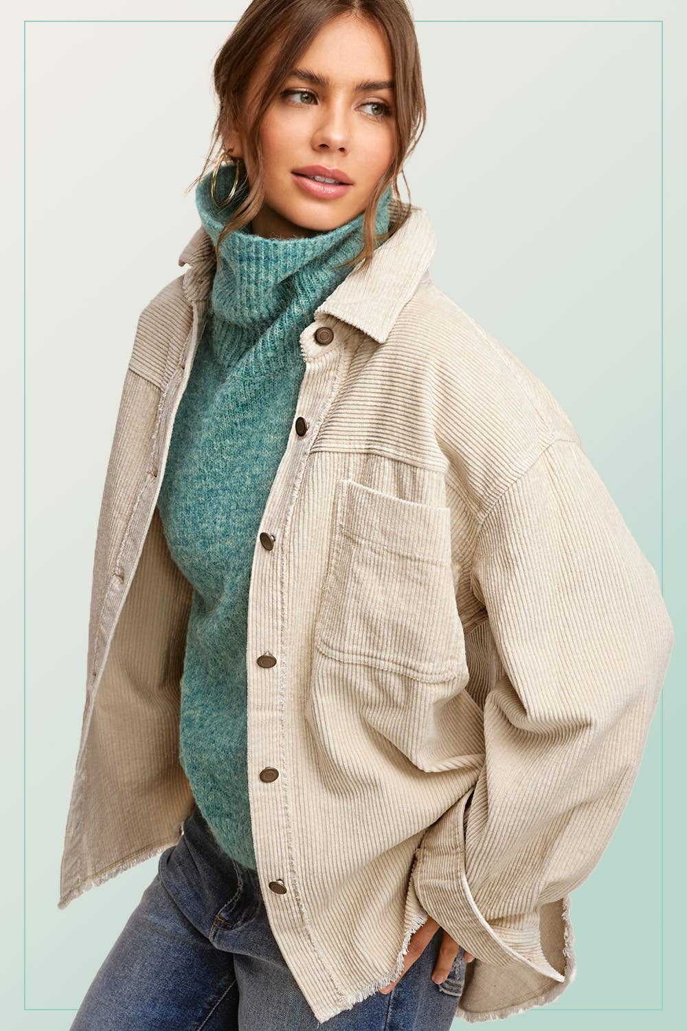 JKT1727-Corduroy Button Down Jacket Game Day Halloween: Ecru / L - Pink Peonies