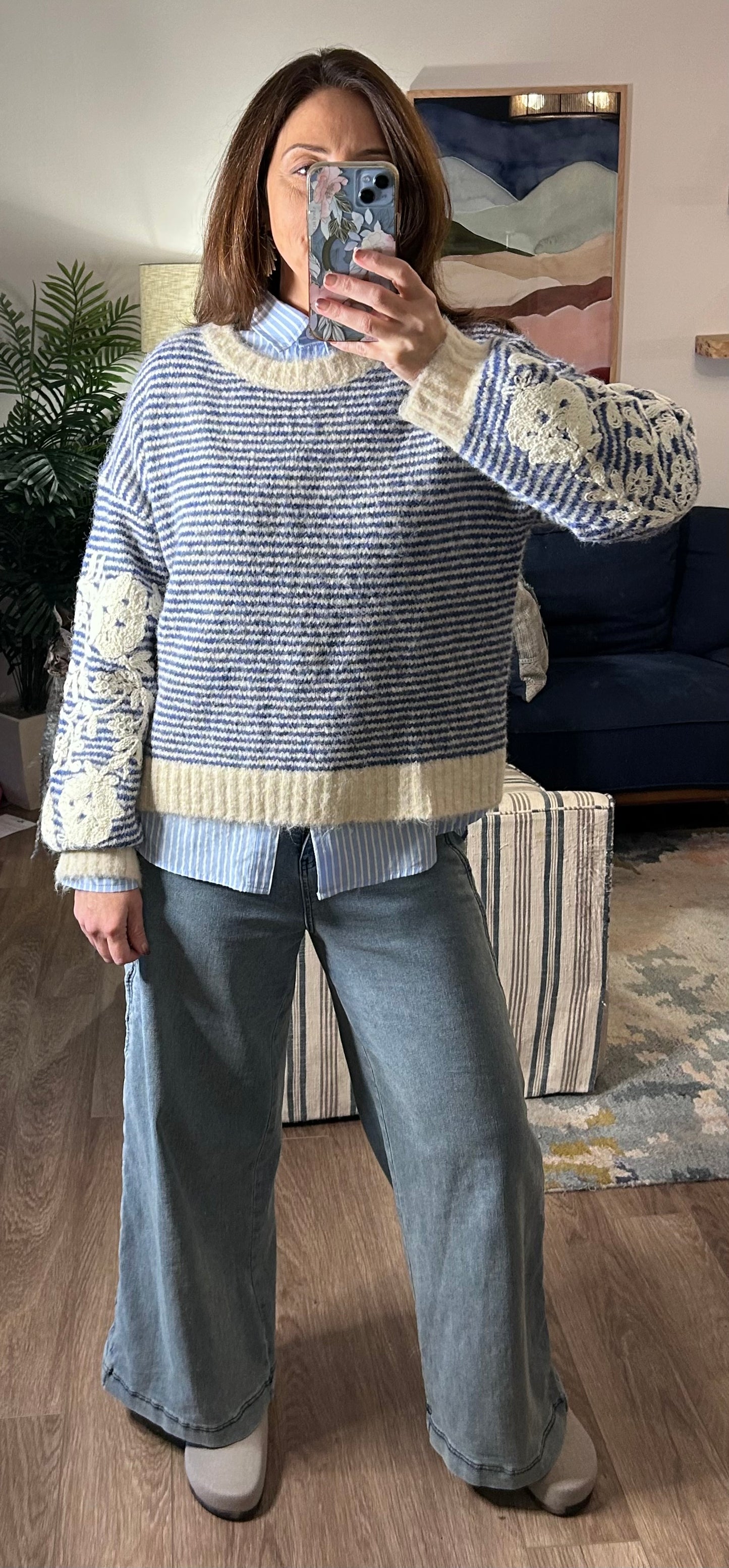 Floral Embroidered Striped Knit Sweater