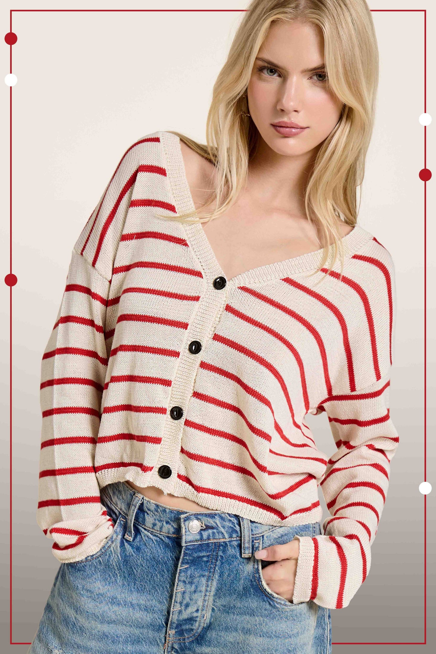 MDS3611-Relaxed Striped Summer V Neck Button Down Cardigan: Tomato / L - Pink Peonies