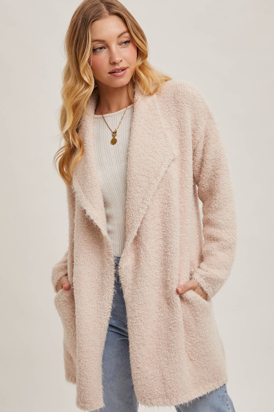 SOFT FUZZY DRAPE FRONT CARDIGAN: MUSHROOM / M/L - Pink Peonies