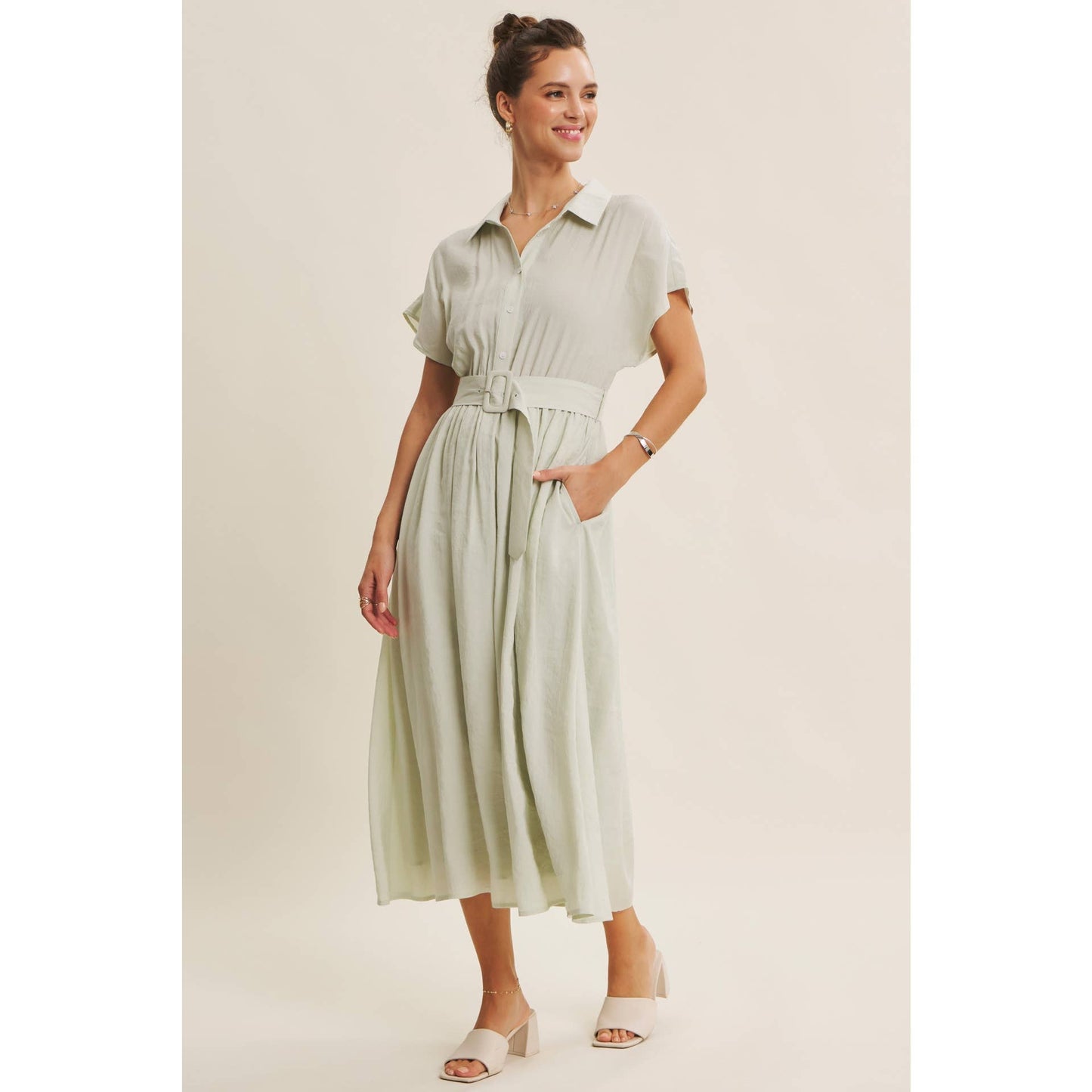Midi Shirt Dress with Buckle Belt - Pink Peonies