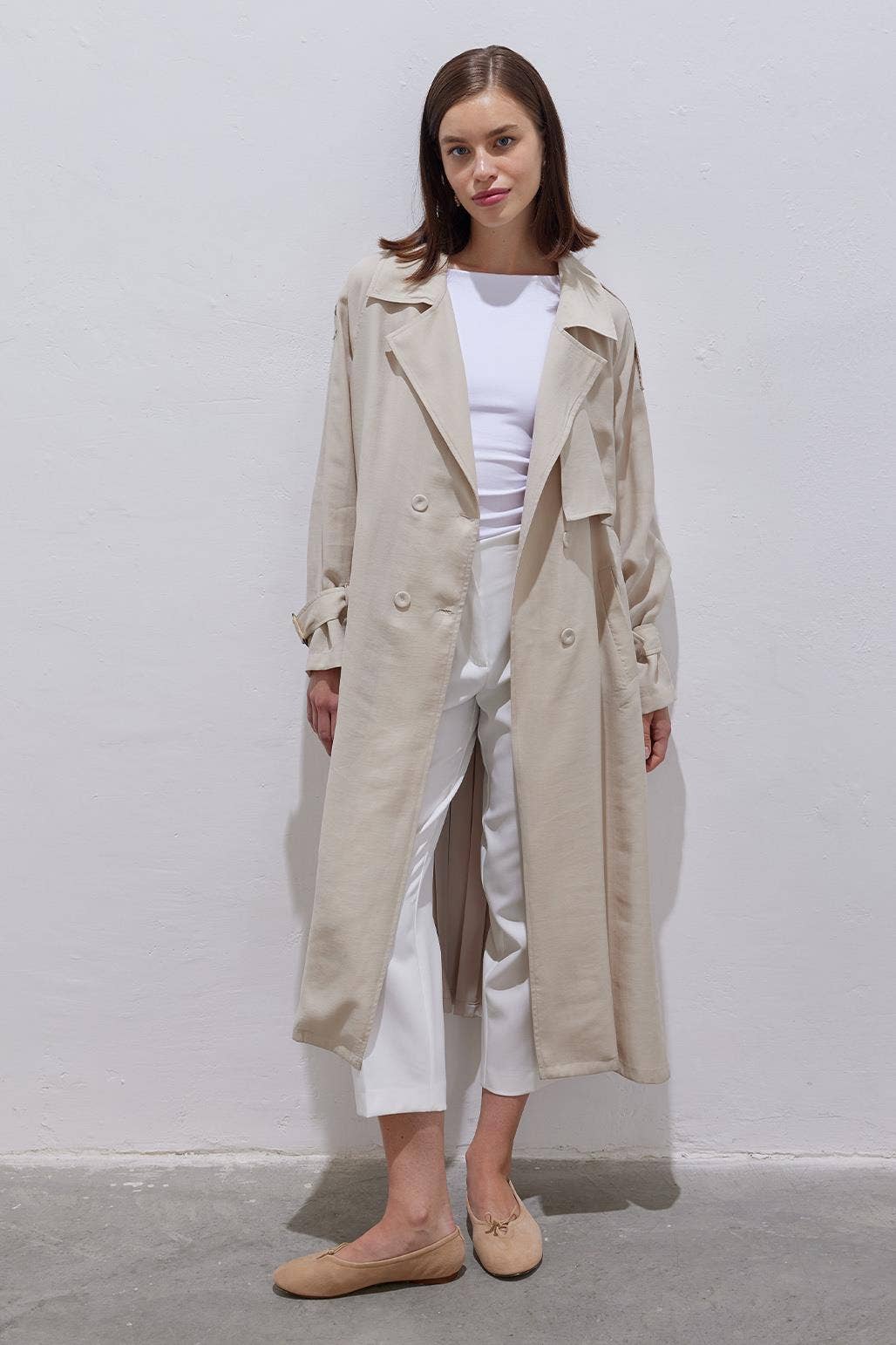 Pleated Modal Relaxed Fit Trench Coat Stone - Pink Peonies