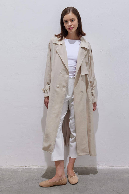 Pleated Modal Relaxed Fit Trench Coat Stone - Pink Peonies