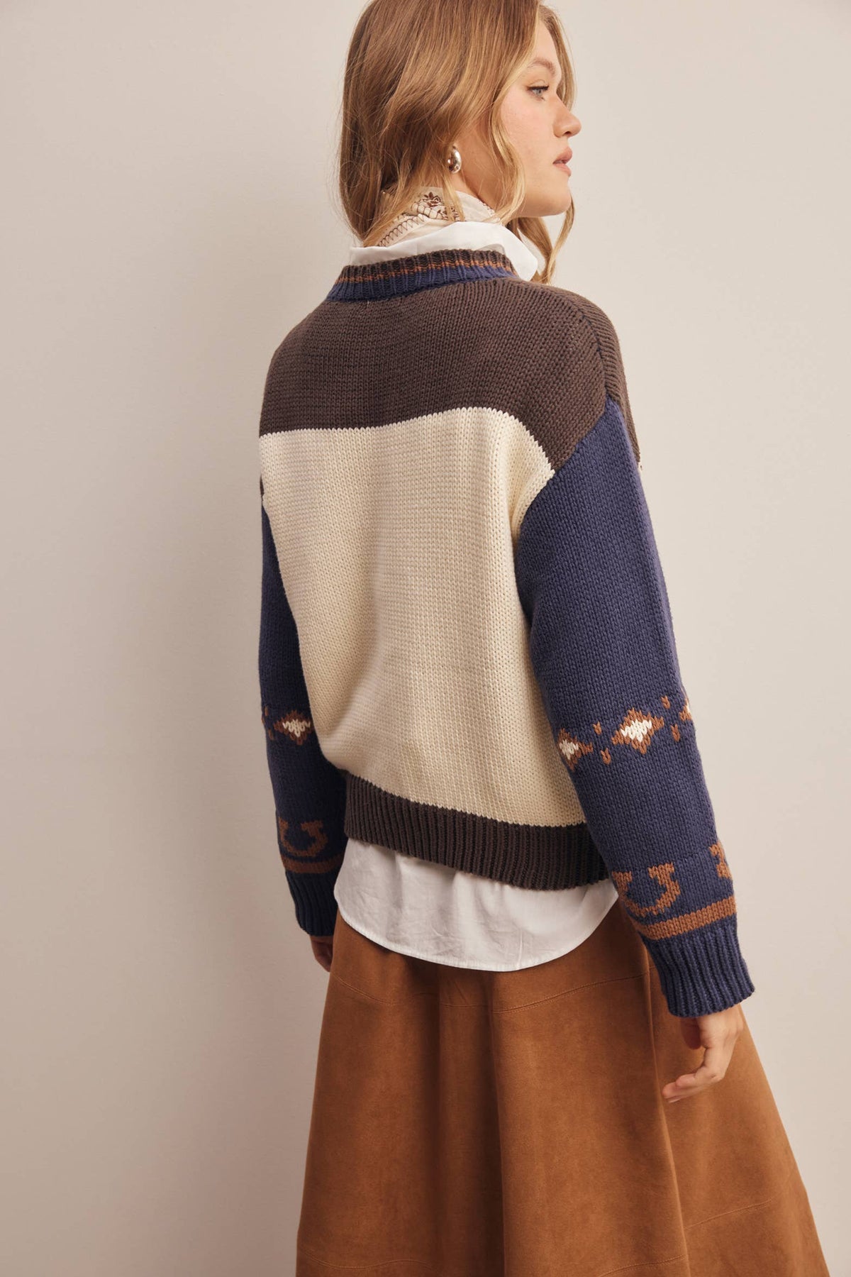 Western Horse Intarsia Knit Sweater - Pink Peonies