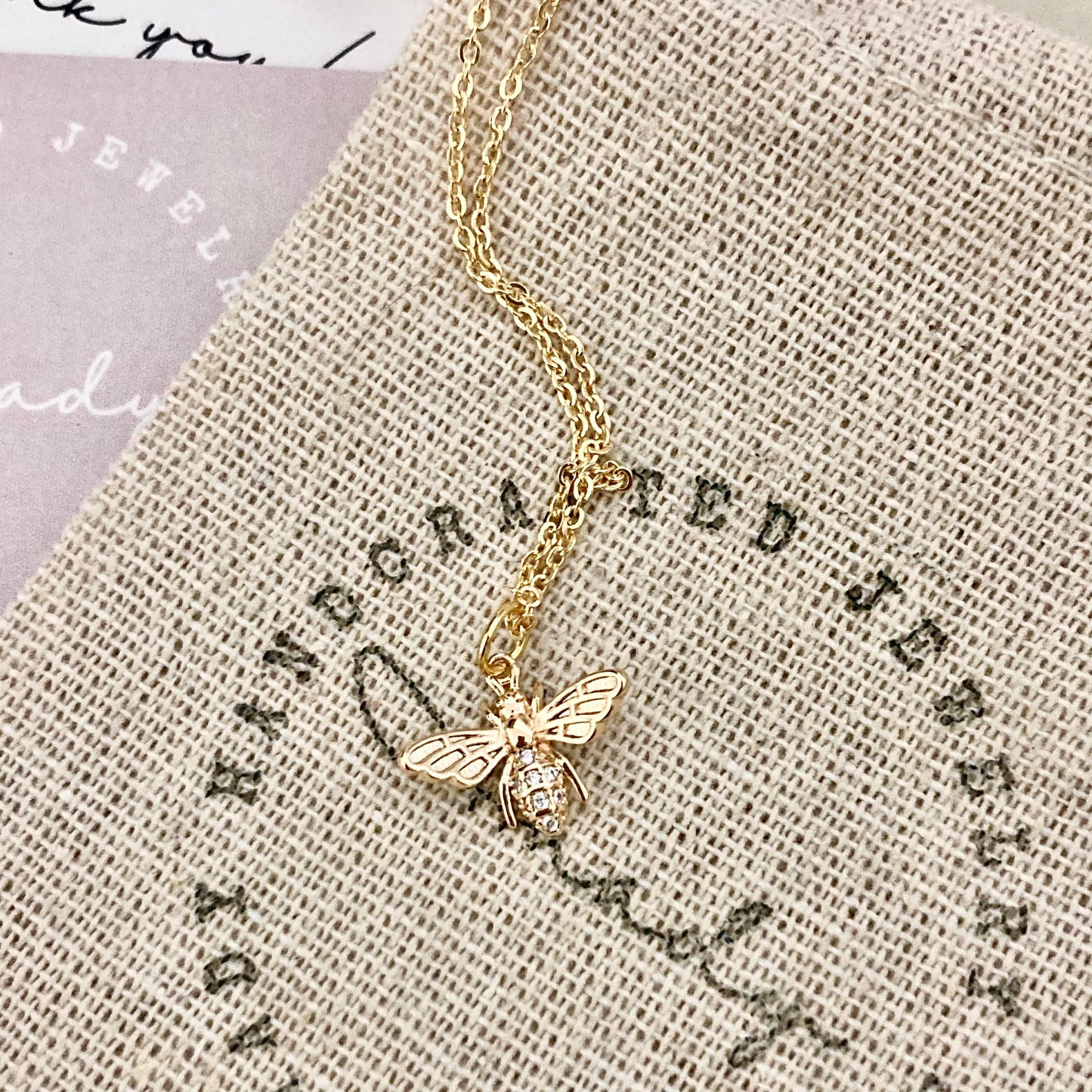 Honey Bee Queen Bee Pendant Charm chain necklace  - Pink Peonies