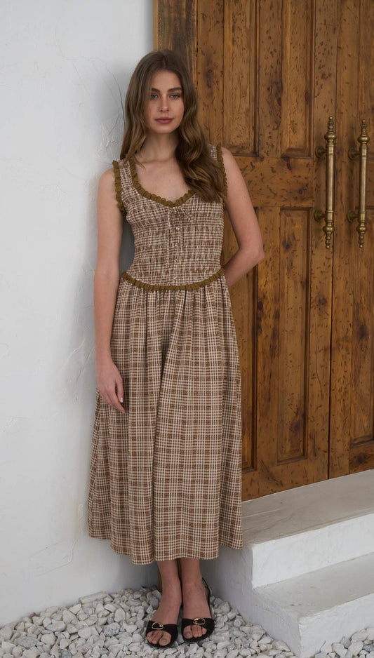 Plaid Smocked Ruffle Trim Midi Dress