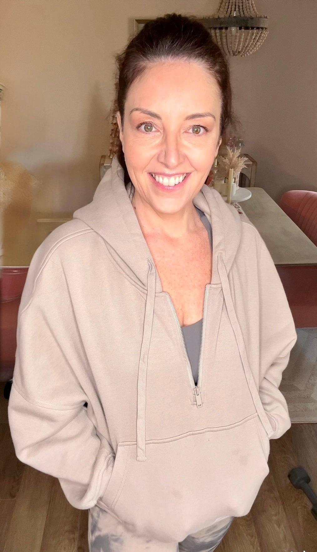 French Terry Fleece Quarter Zip Hoodie Jacket - Pink Peonies