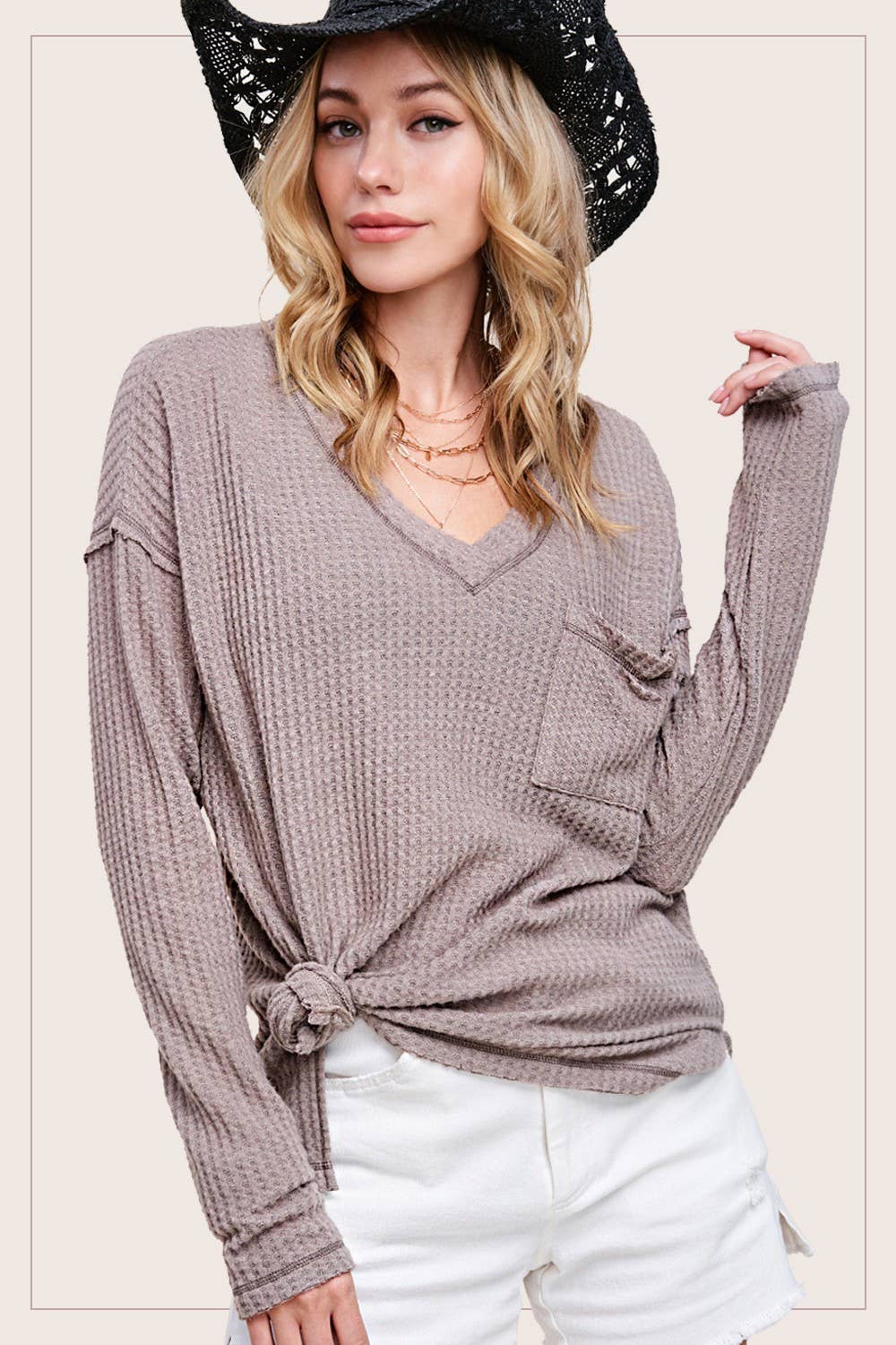 JAT7555-Stretchy Brushed Waffle V-neck Long Sleeve Top: Ash / L - Pink Peonies