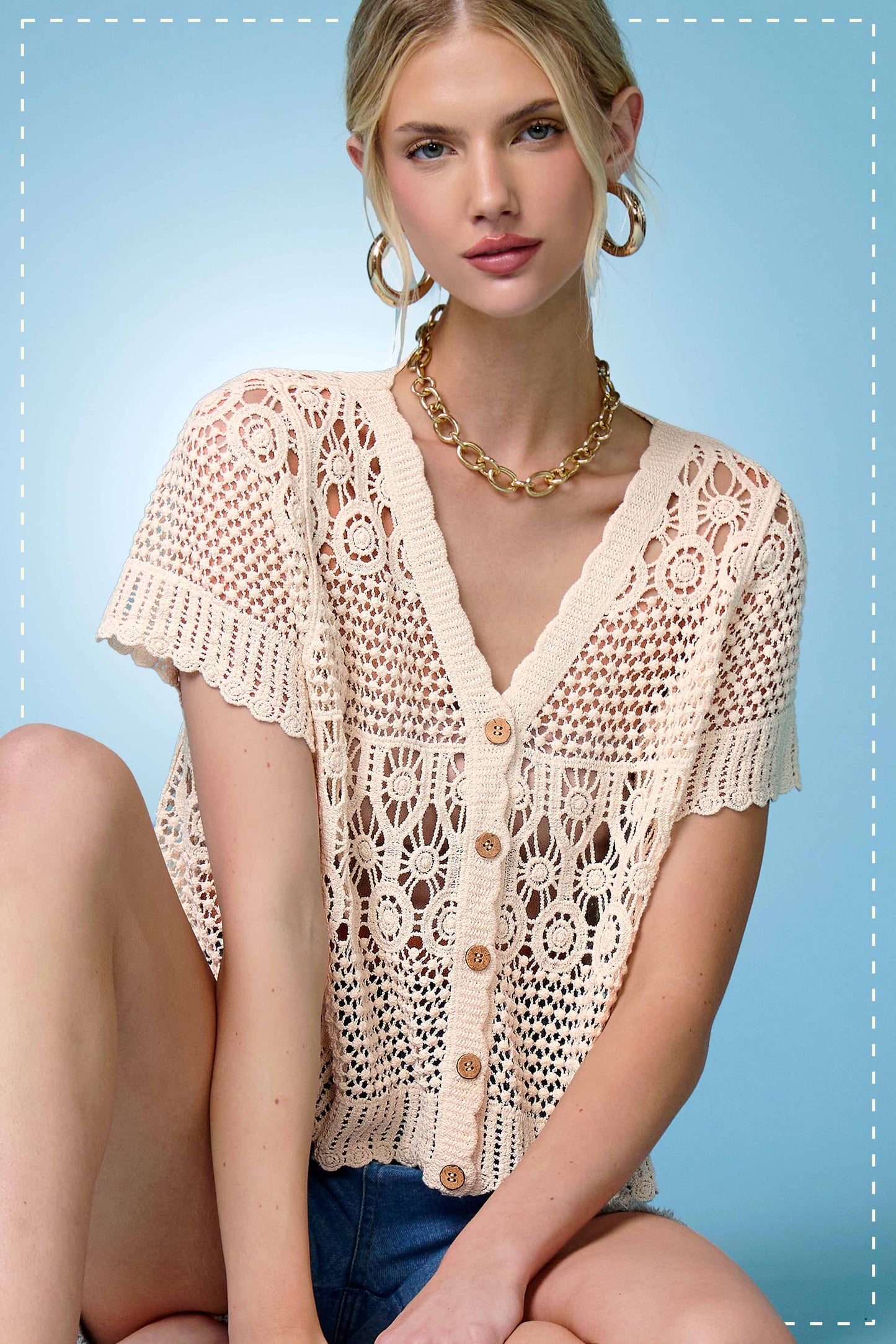 JDT7735-Open Knit Scallop Edge Button Down Cardigan: Natural / M/L - Pink Peonies