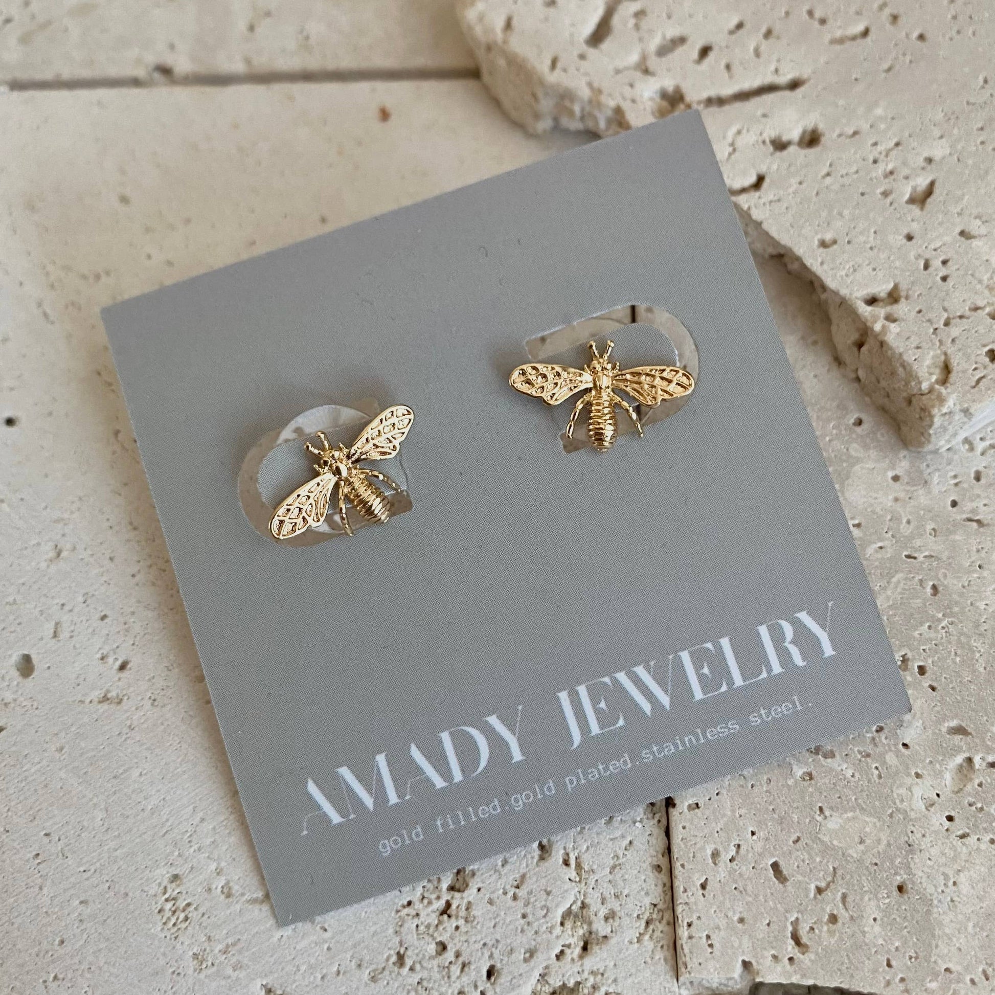 Queen bee Honey bee post earrings 14k Gold Plated - Pink Peonies