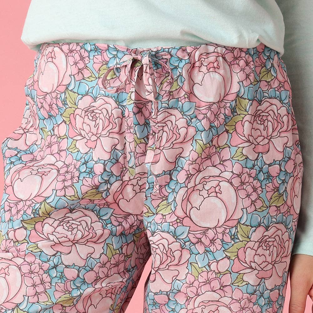 Pink Peonies Lightweight Cotton Pajama Pants in a Bag