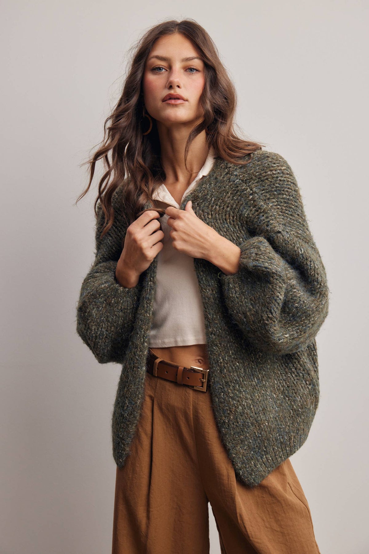 Chunky Soft Touch Knit Cardigan FSW0074: Olive / Contemporary / L