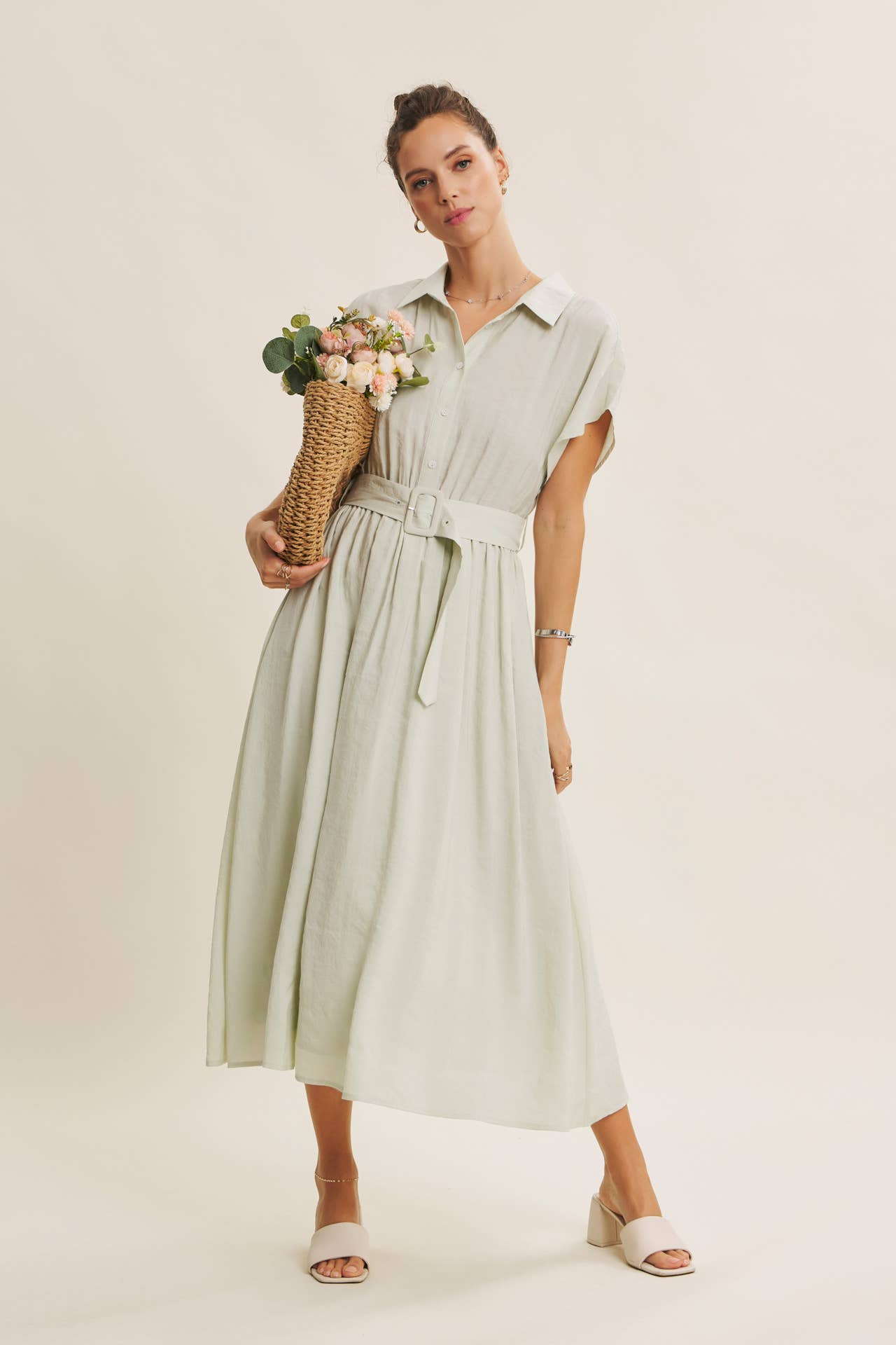 Midi Shirt Dress with Buckle Belt - Pink Peonies