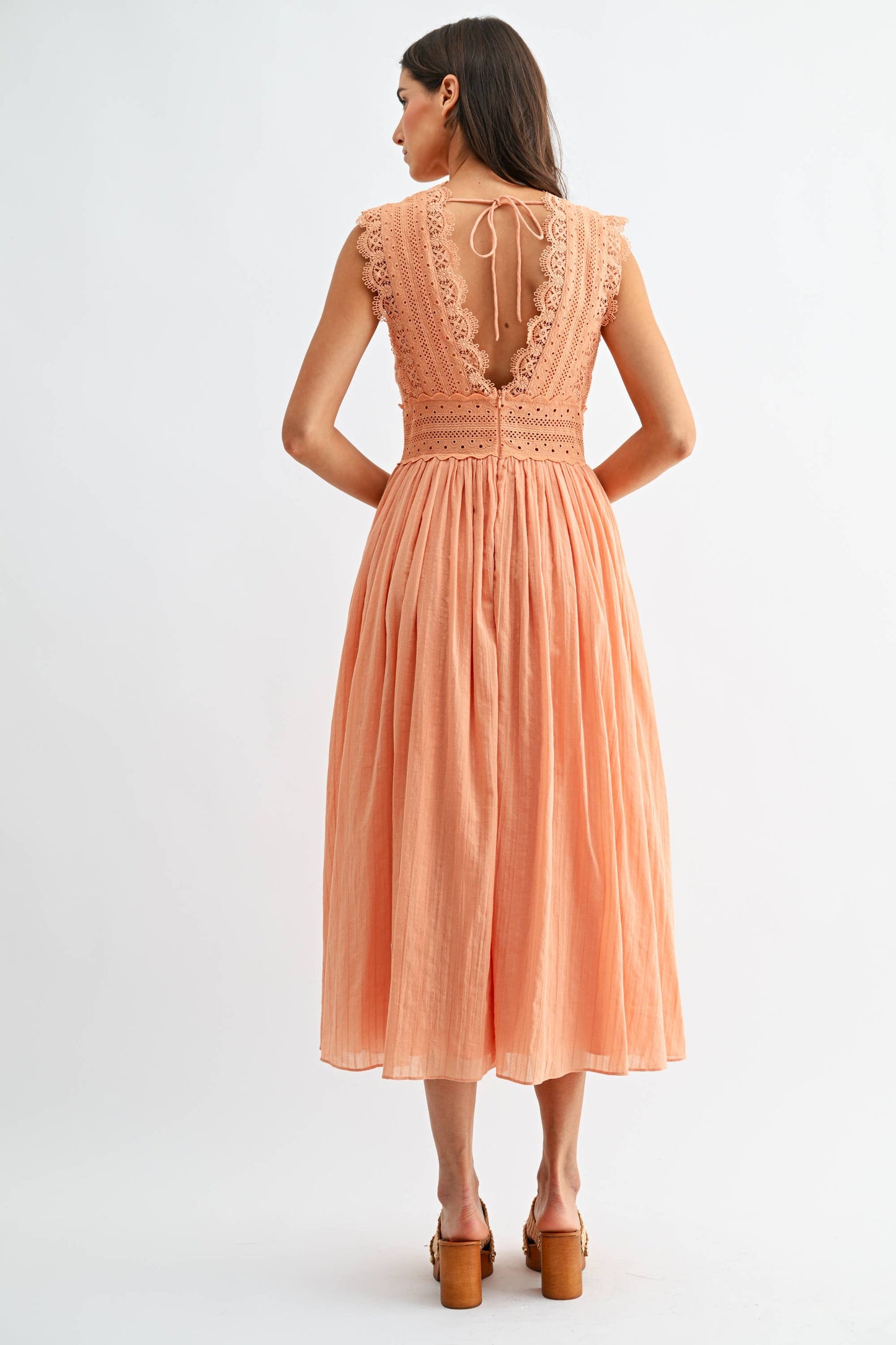 CD10184J Lace Boho Midi Dress: ORANGE / S-M-L (3-2-1) - Pink Peonies