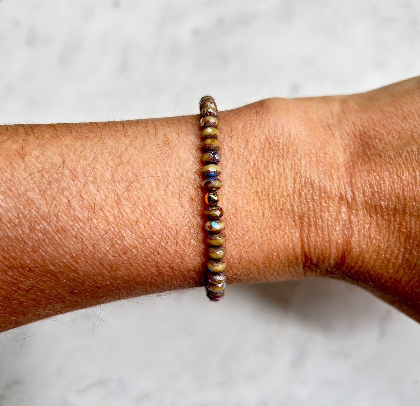 Beaded Crystal Bracelet: Tan - Pink Peonies