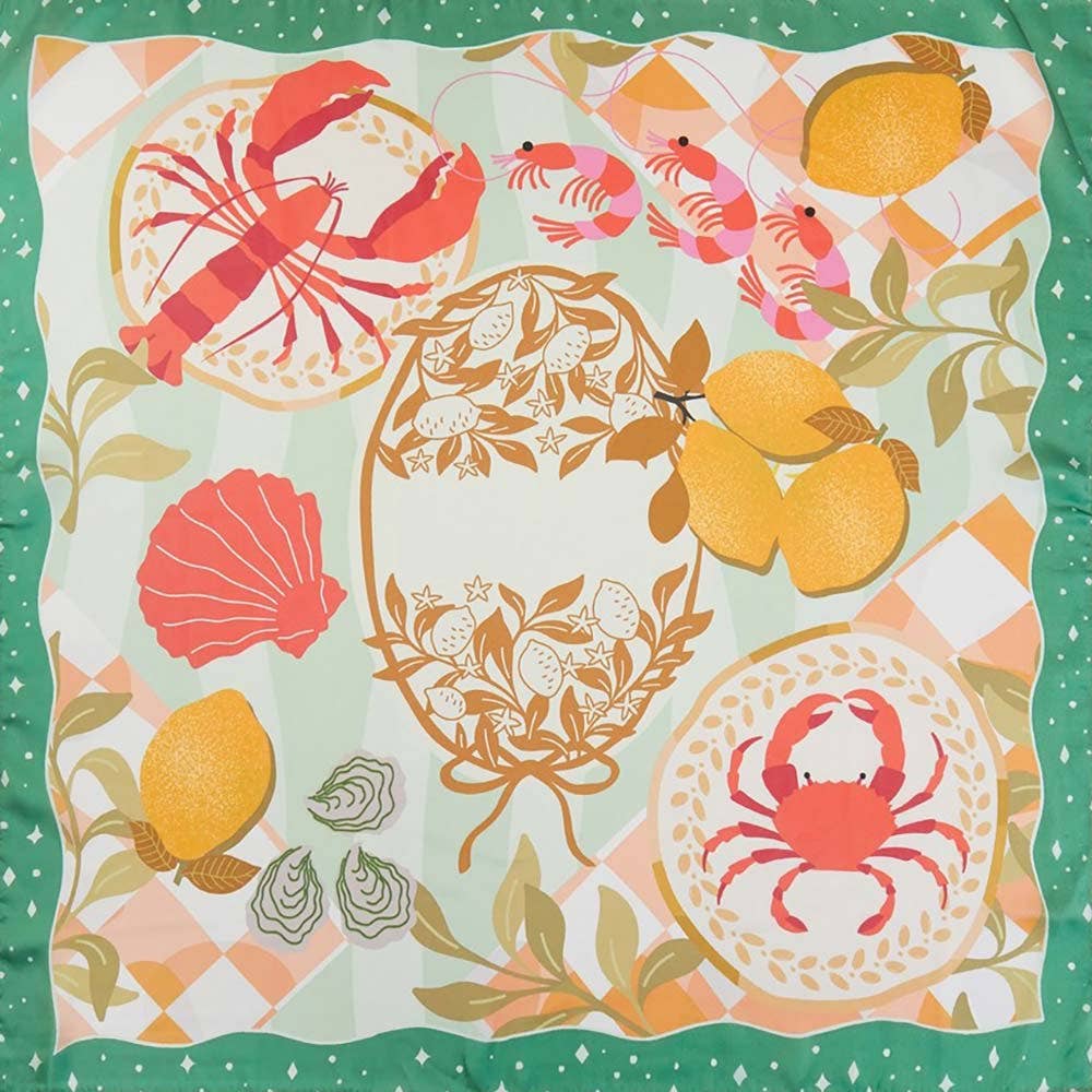 Seaside Feast Print Square Bandana Scarf: Coral - Pink Peonies