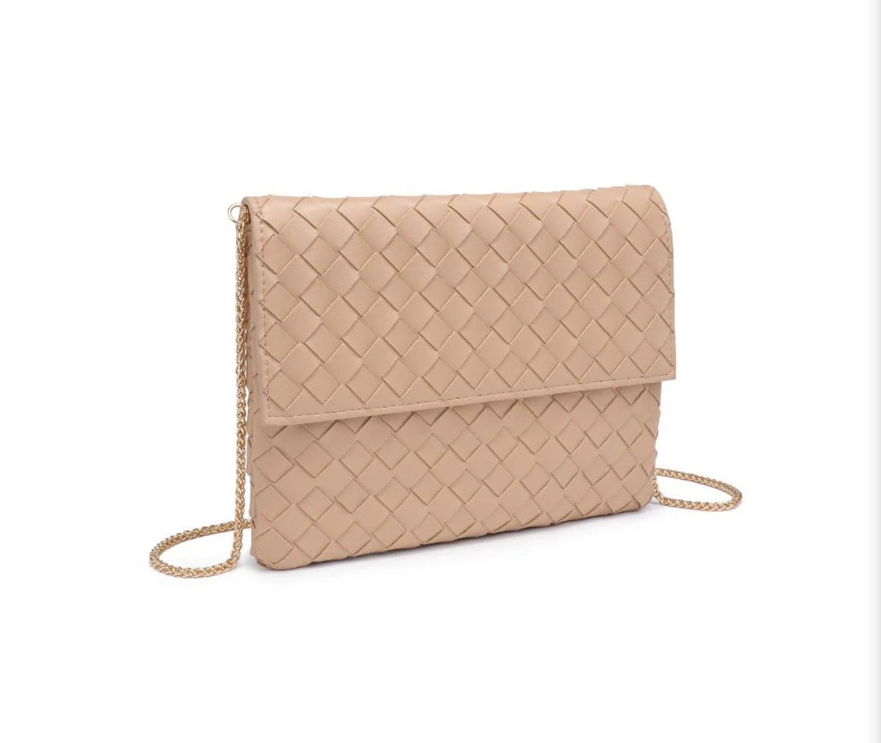 Woven Clutch with Detachable Gold Chain: Natural - Pink Peonies