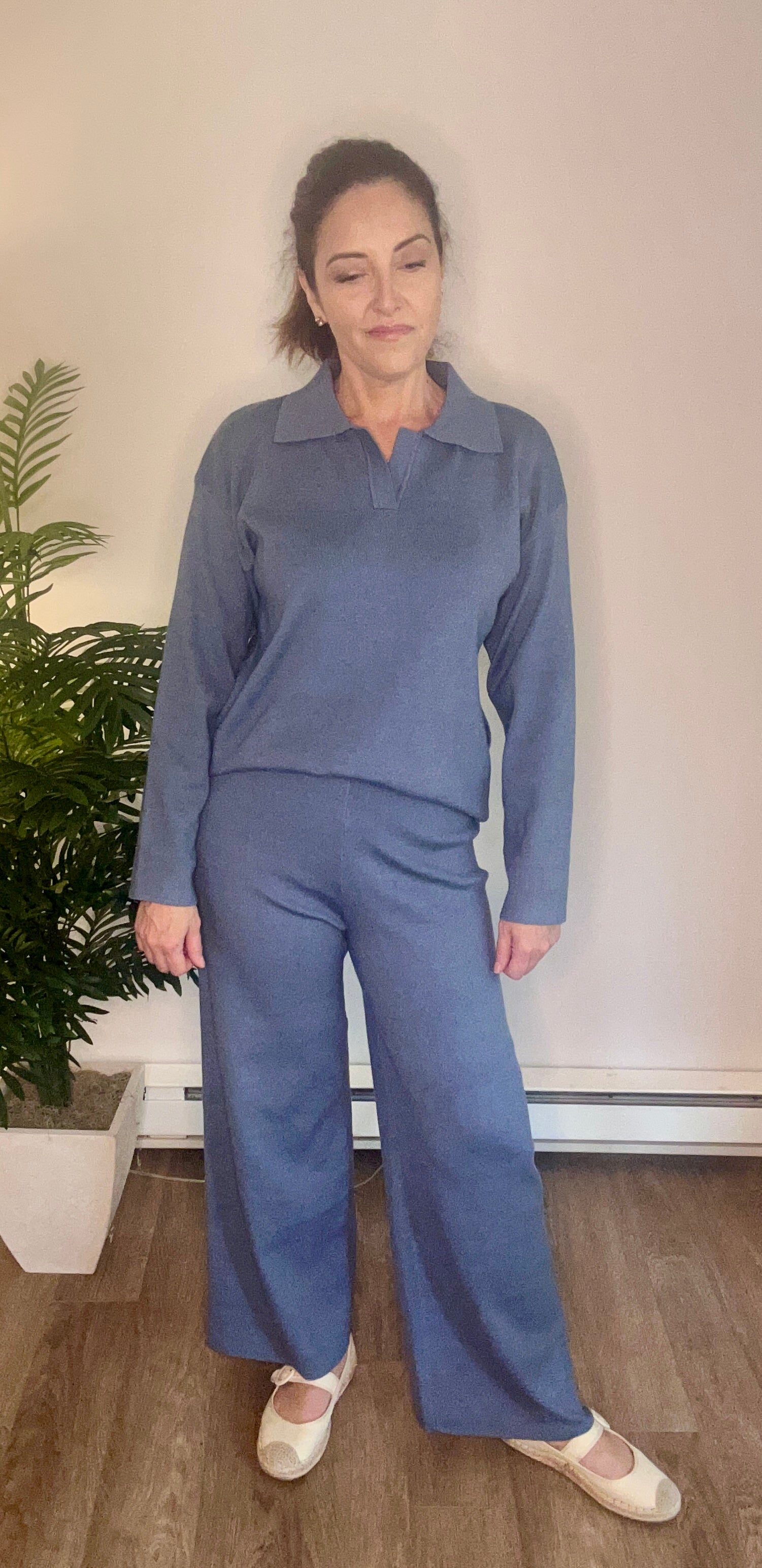 Long Sleeve Top and Pants Sweater Set: Cornflower - Pink Peonies