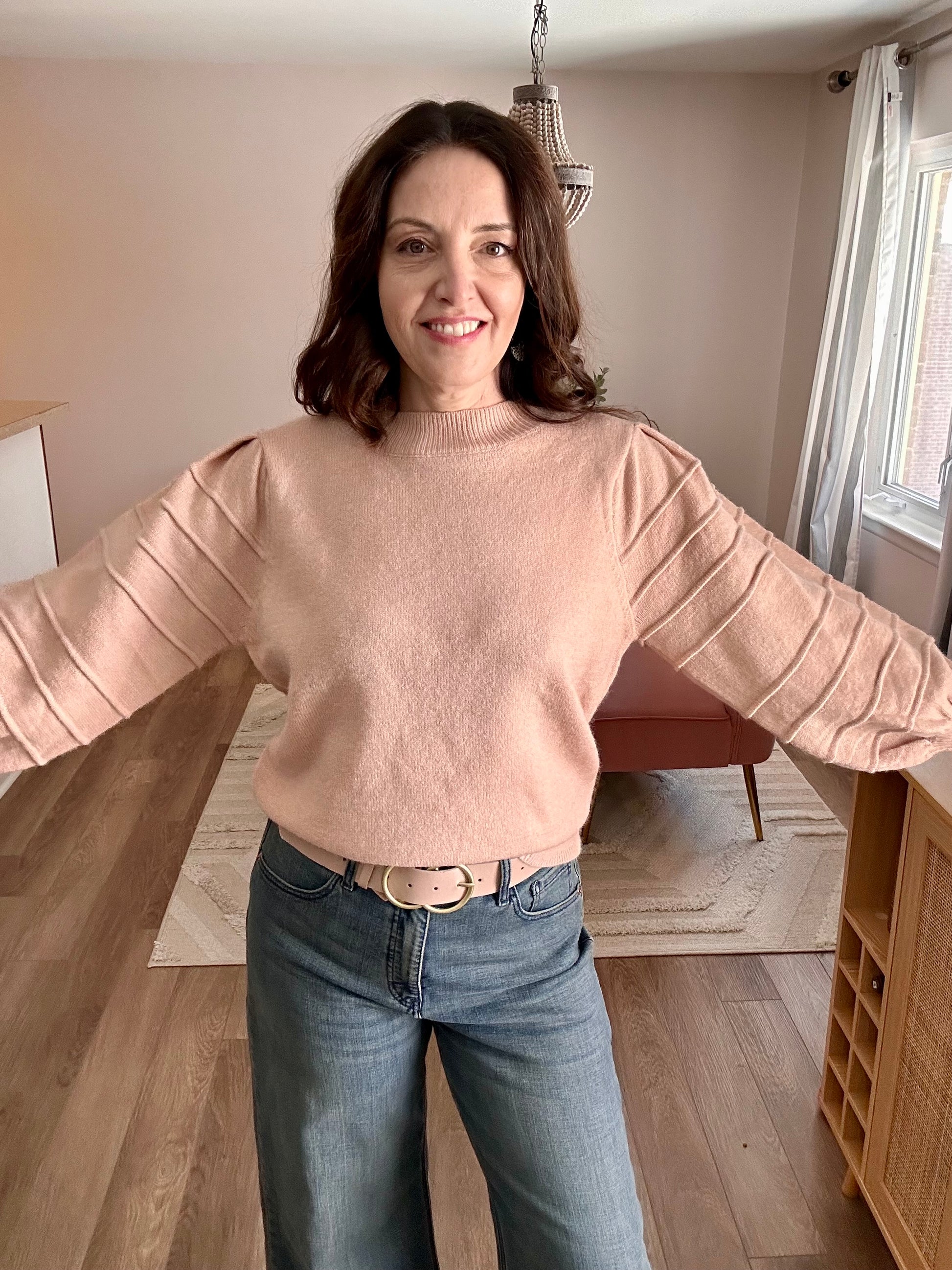 Crew Neck Textured Puff Sleeve Knitted Sweater - Pink Peonies