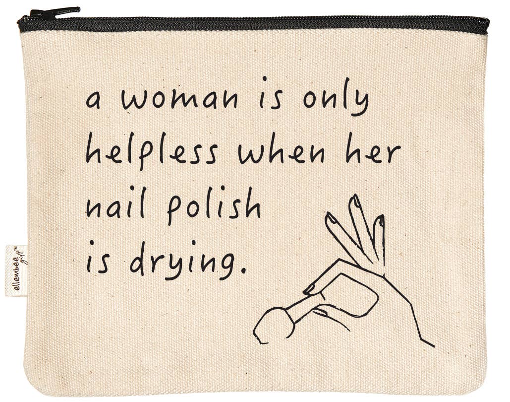 7.5" Canvas Zipper Pouch: Woman Only Helpless While Nails Drying - Pink Peonies