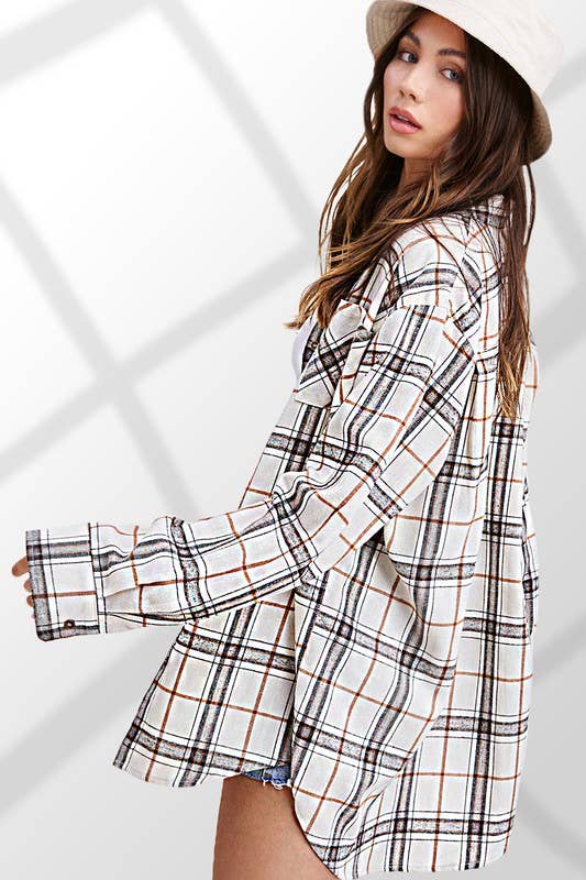 SRT1312-Soft Fabric Plaid Loose Fit Button Down Shirt: Bone / L - Pink Peonies