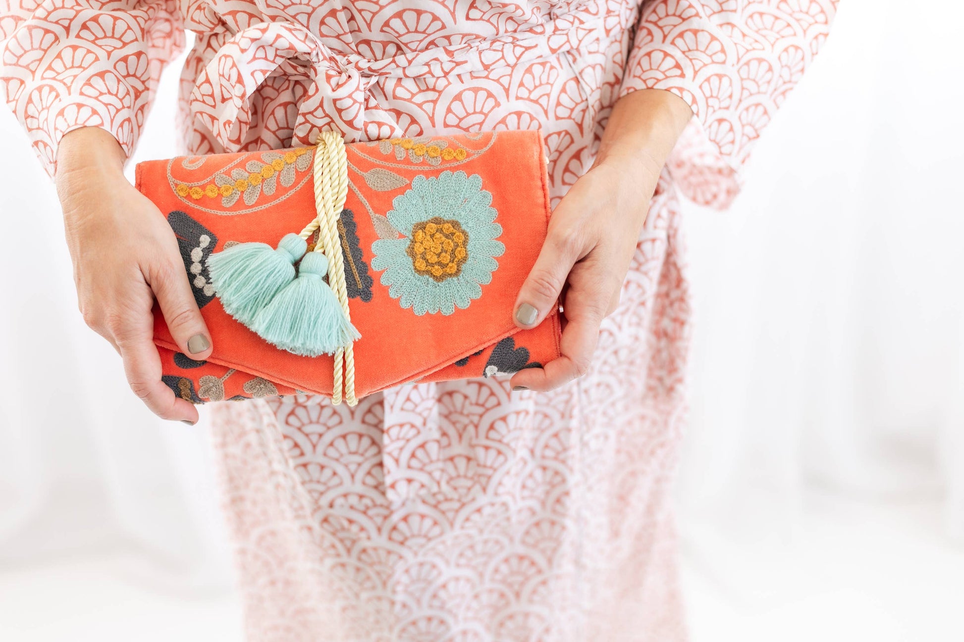 Embroidered Velvet Jewelry Organizer-Coral - Pink Peonies