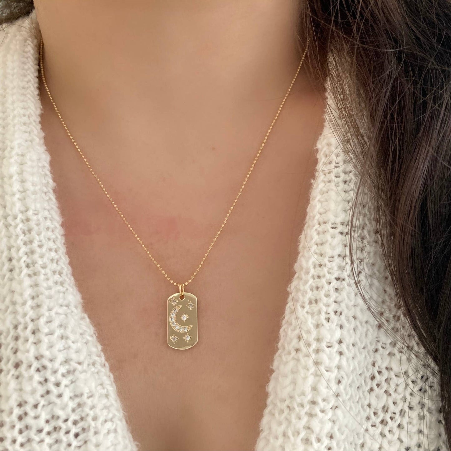 Half Moon Crescent Star Medallion 18K gold dog tag necklace - Pink Peonies