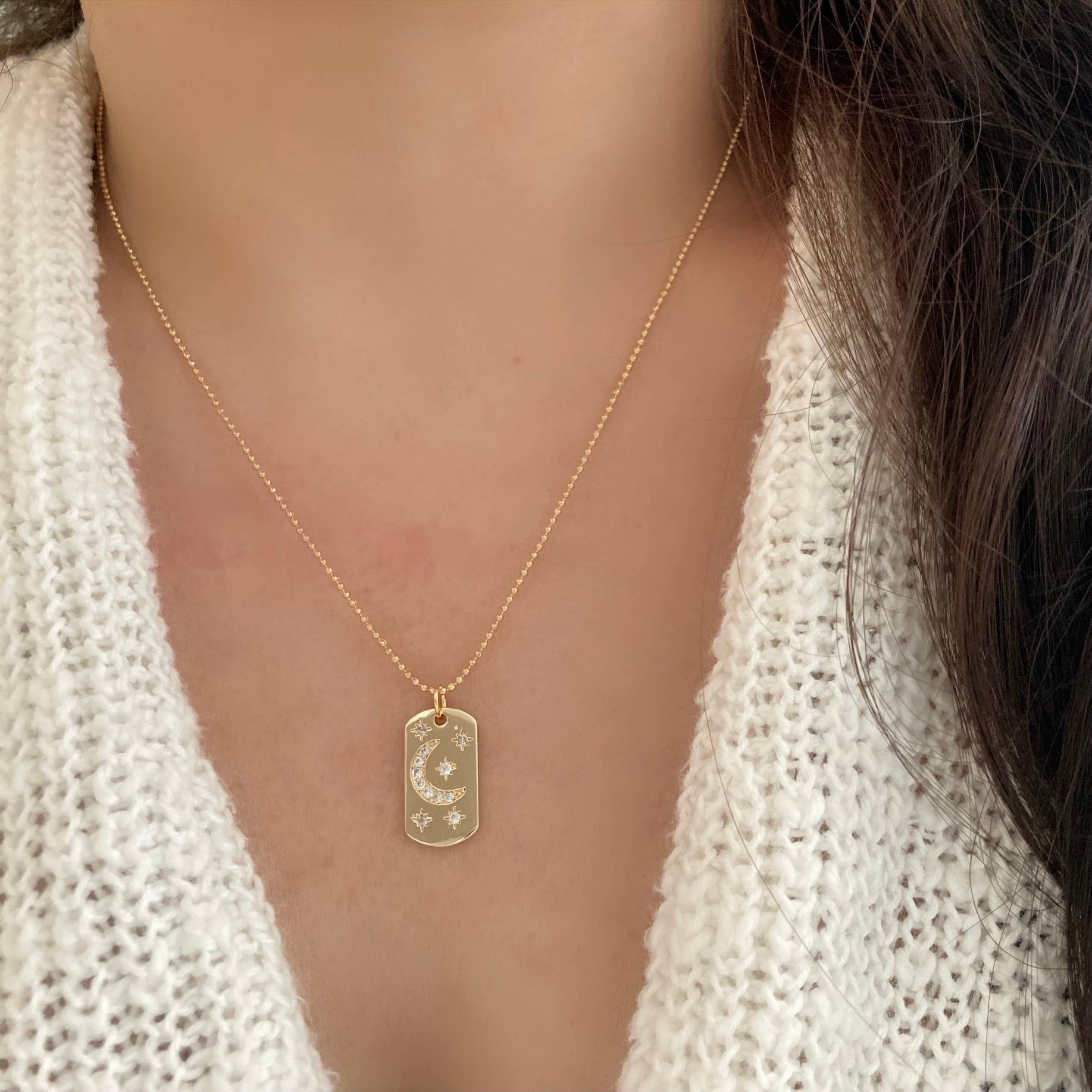 Half Moon Crescent Star Medallion 18K gold dog tag necklace - Pink Peonies