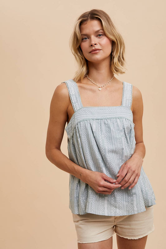Button Back Smock Tank - Pink Peonies