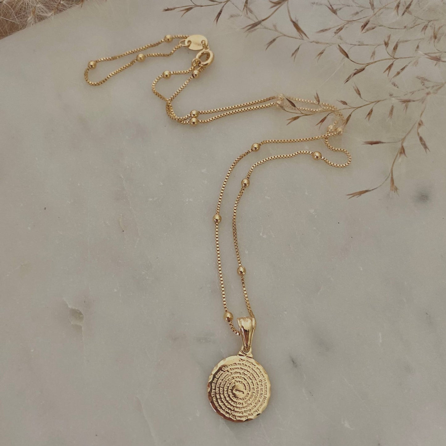 Our Father prayer coin charm necklace 18k GF satellite chain - Pink Peonies