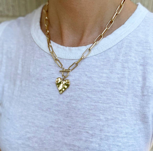 Gold Hammered Heart Toggle Necklace