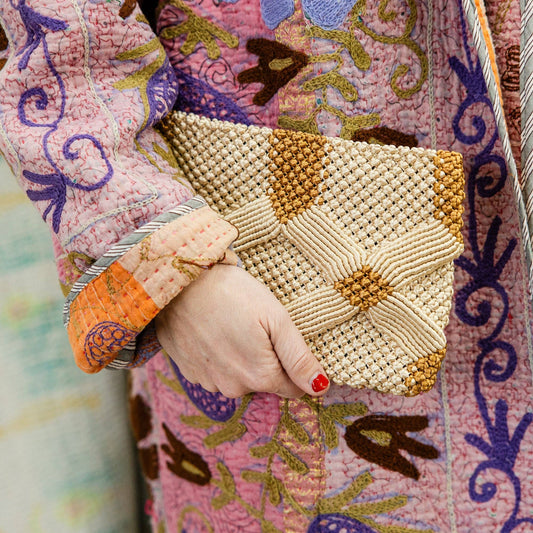 Handmade Macramé Clutch- Champagne and Caramel - Pink Peonies