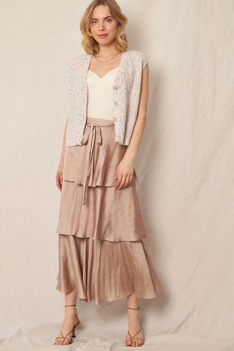 Belted Satin Tiered Midi Skirt