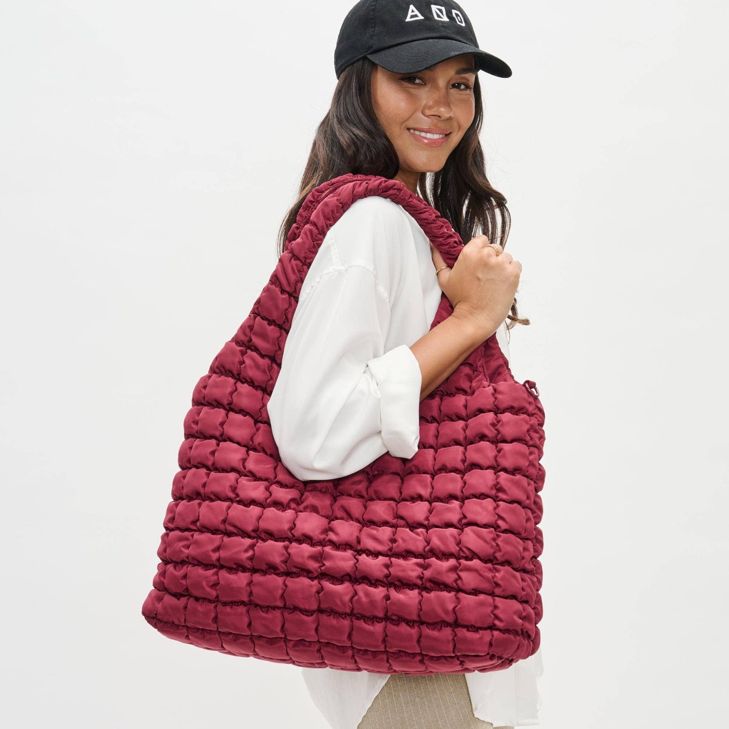 Elevate - Quilted Puffer Nylon Hobo: Burgundy