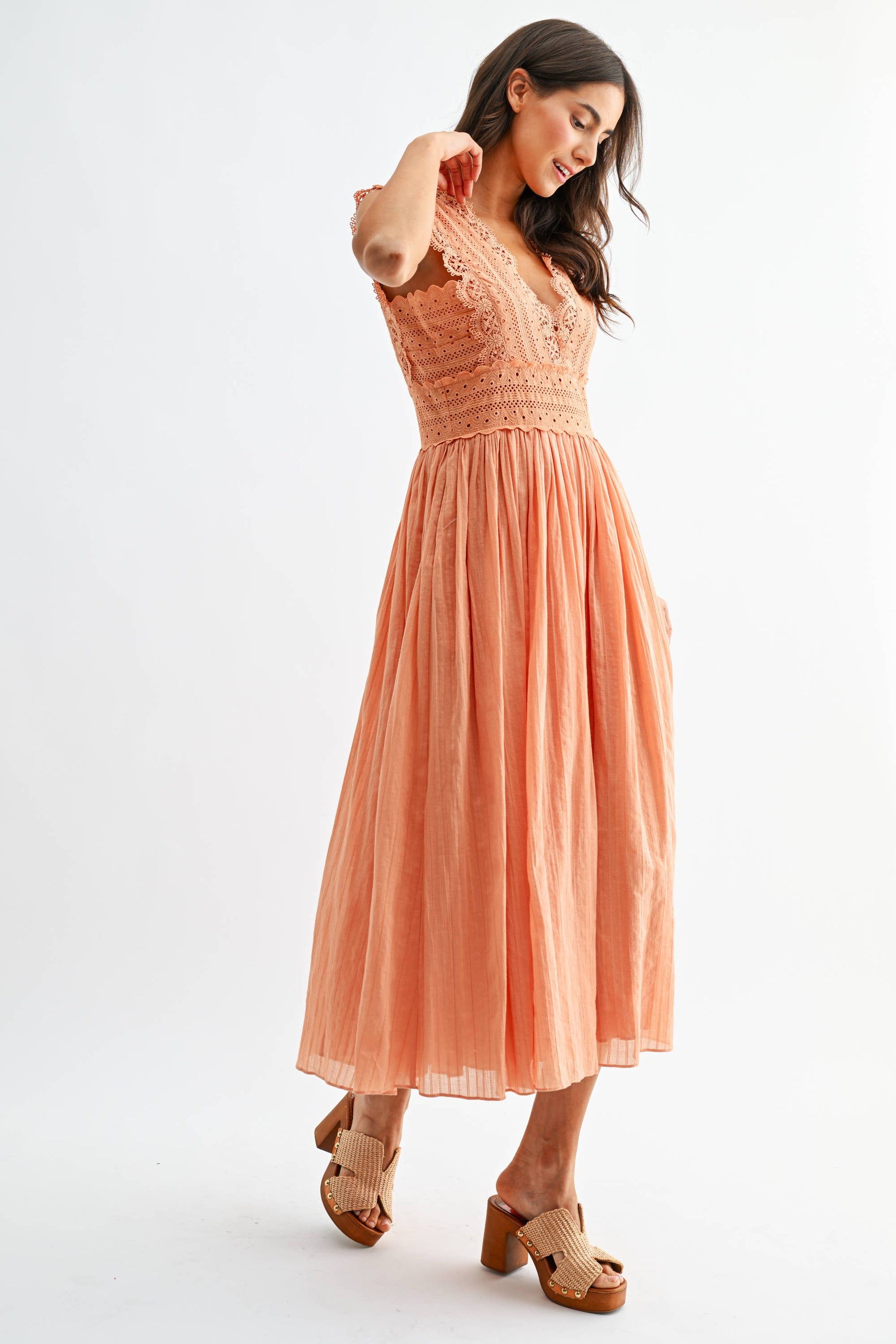 CD10184J Lace Boho Midi Dress: ORANGE / S-M-L (3-2-1) - Pink Peonies