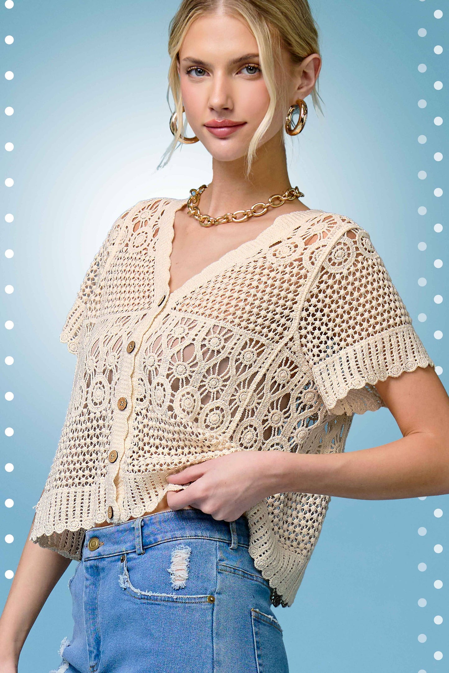 JDT7735-Open Knit Scallop Edge Button Down Cardigan: Natural / M/L - Pink Peonies