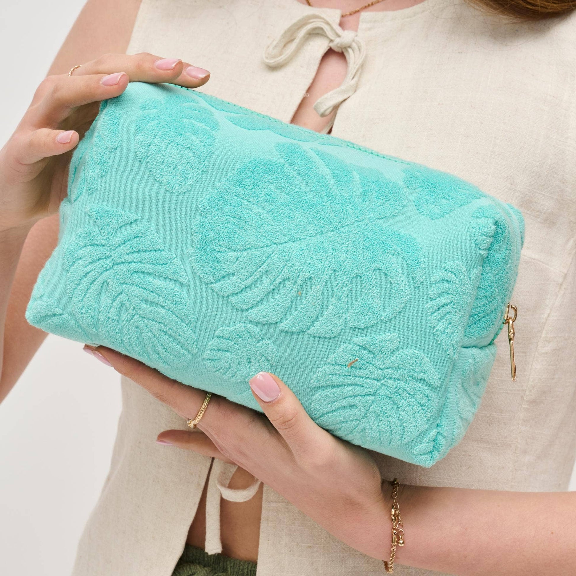 Palm Breeze Cosmetic & Travel Organizer Pouch: Seafoam - Pink Peonies