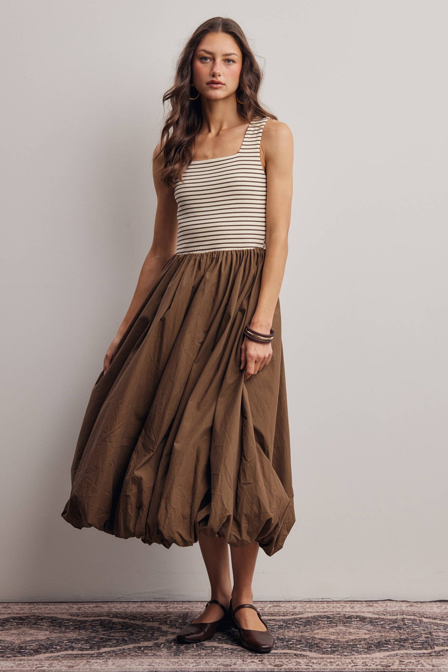 Striped Knit Bodice Bubble Midi Dress - Pink Peonies