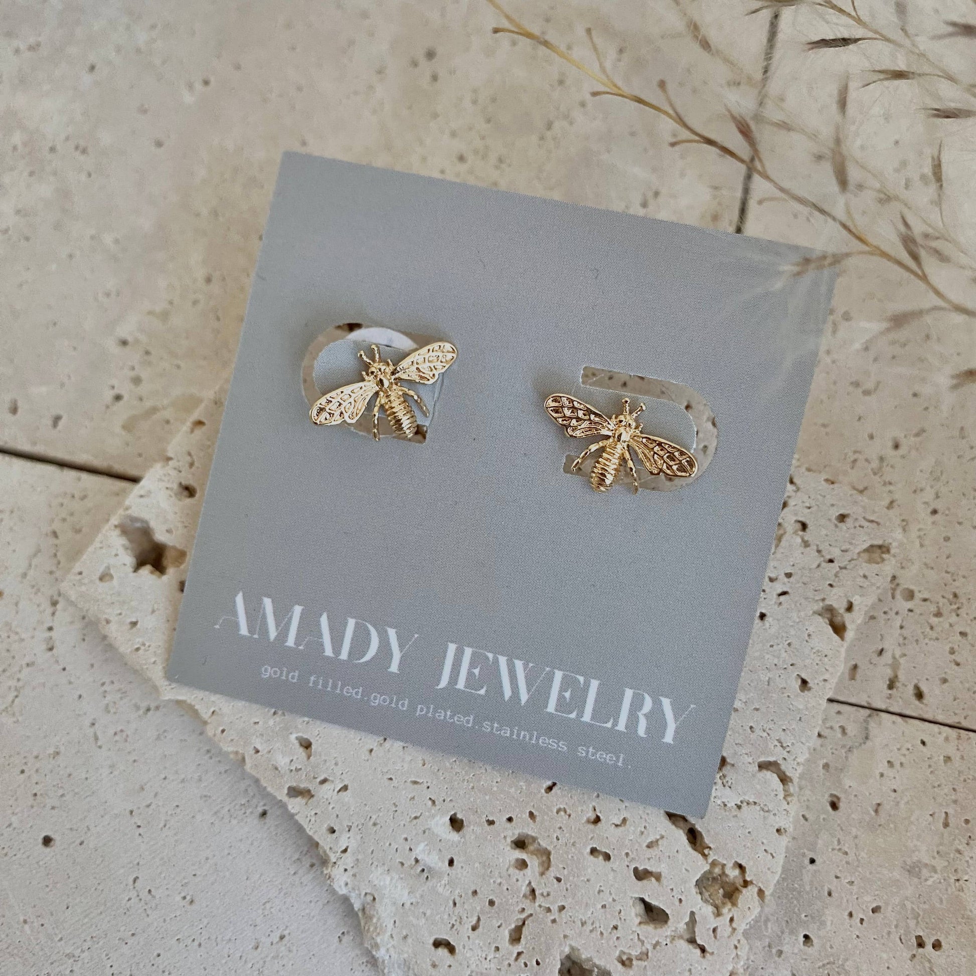 Queen bee Honey bee post earrings 14k Gold Plated - Pink Peonies