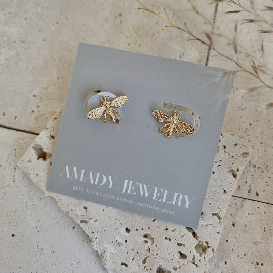 Queen bee Honey bee post earrings 14k Gold Plated - Pink Peonies