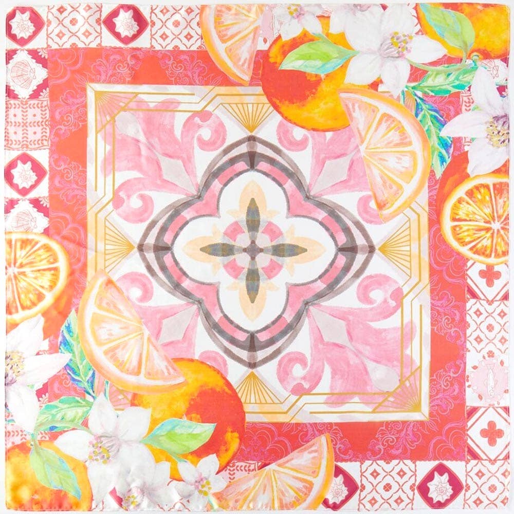 Orange Mosaic Print Square Bandana Scarf: Black - Pink Peonies